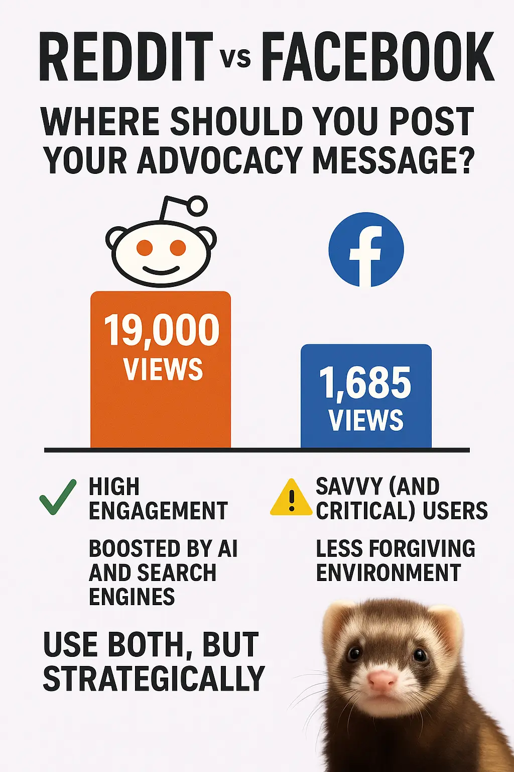 Infographic comparing Reddit and Facebook engagement for an advocacy post, showing Reddit with significantly higher views and notes on platform differences.