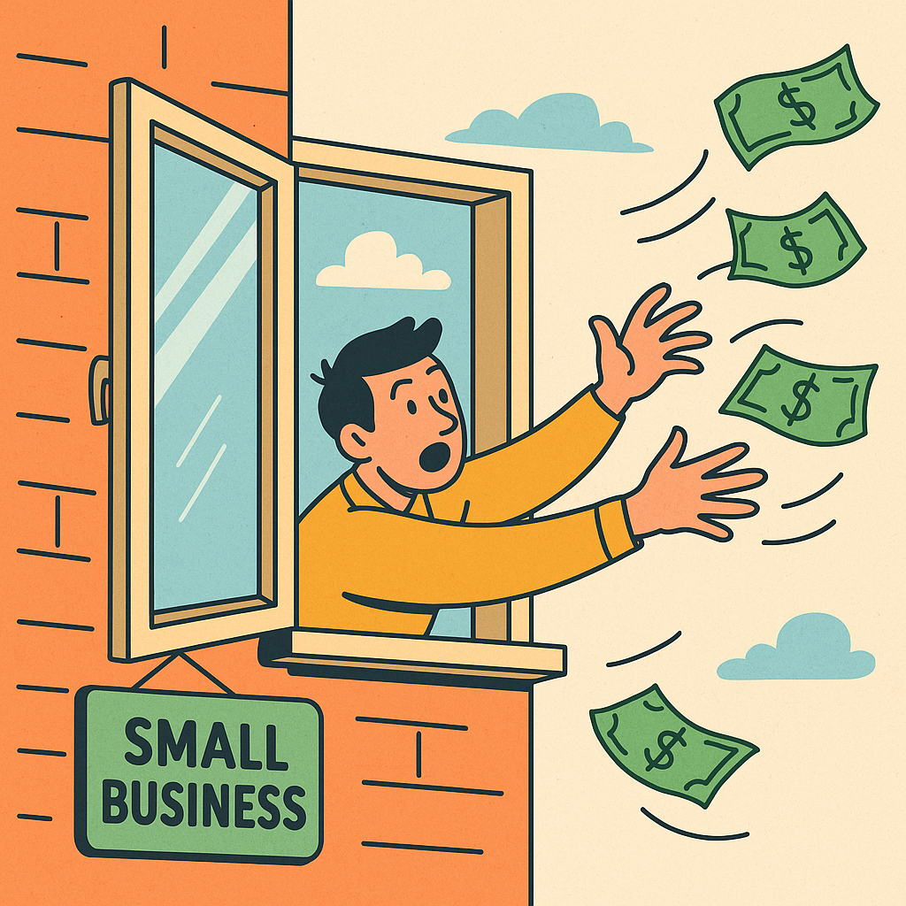 Cartoon of a small business owner leaning out of a shop window, reaching for dollar bills flying away in the wind.