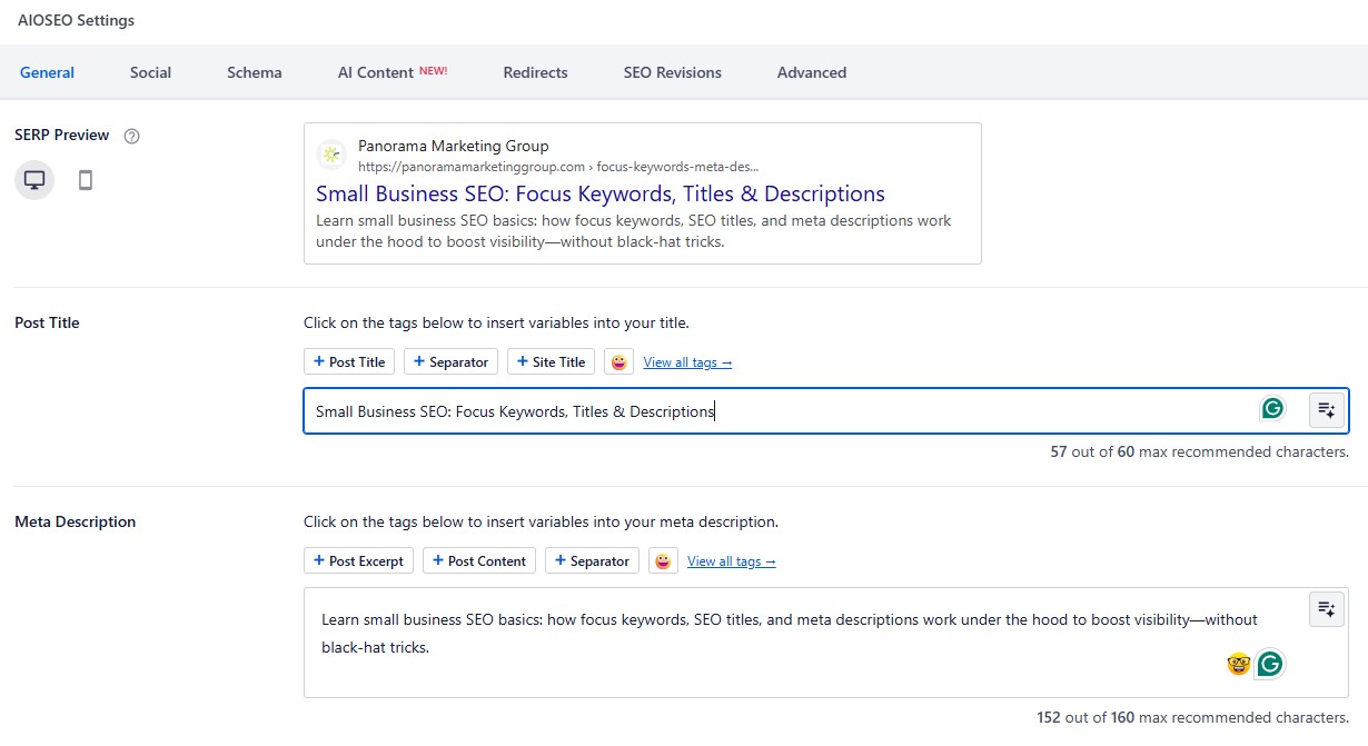 AIOSEO settings screenshot showing focus keyword, SEO title, and meta description fields for Small Business SEO