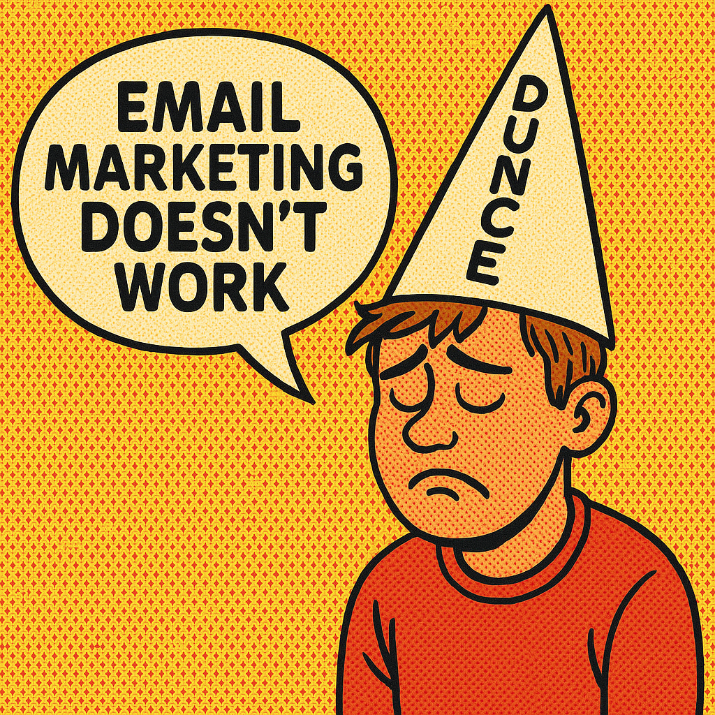 Cartoon man in a dunce cap saying Email Marketing Doesn’t Work